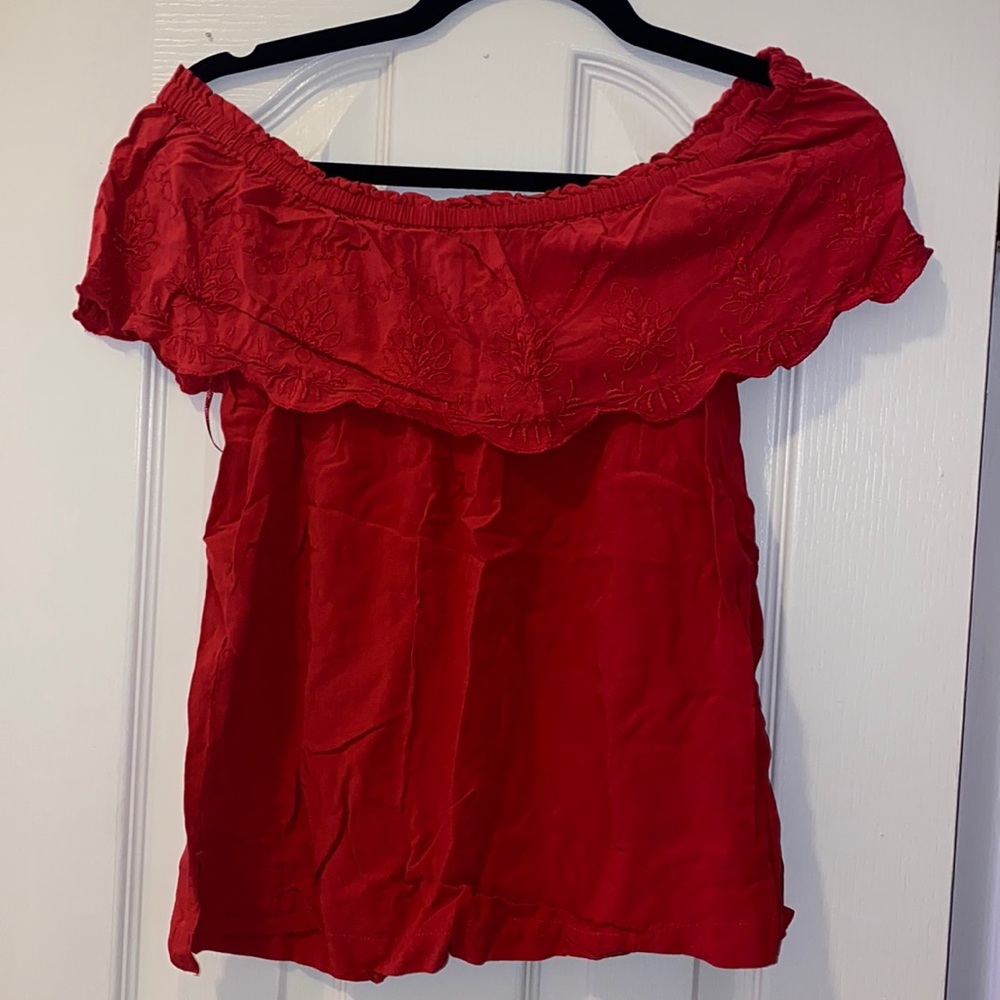 Off the shoulder red top from The Loft